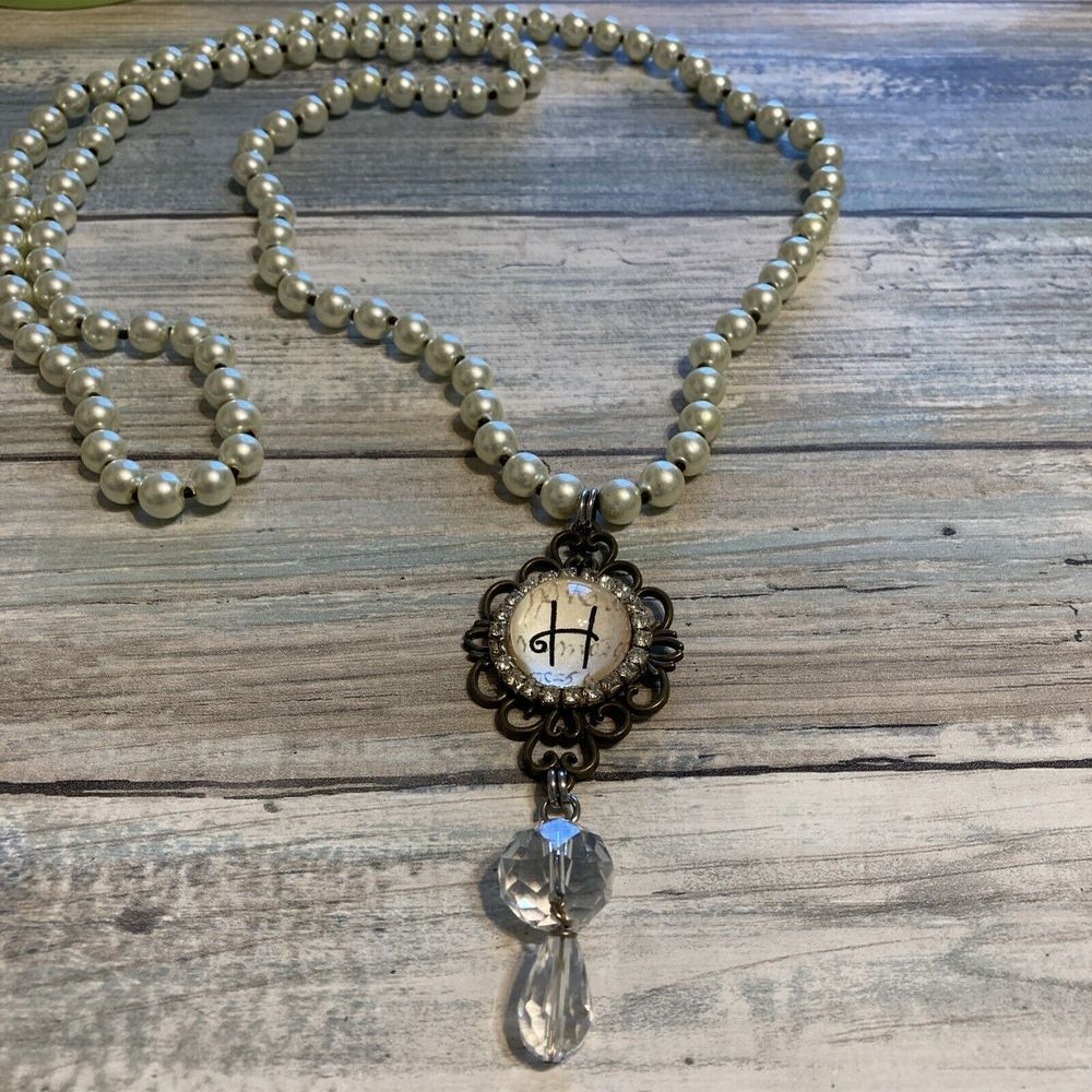 Initial H Pendant Necklace Faux Pearls Crystal Drop‎ 38"